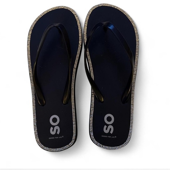 SO Shoes - Black SO Flip Flops with Rhinestone Trim